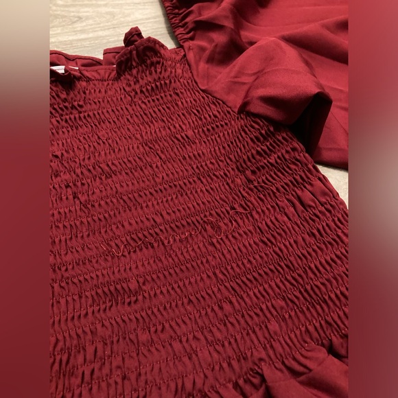 A26 Square Neck Smocked Blouse Flounced Long Sleeve Maroon Puff Sleeve sz Small - Picture 11 of 15